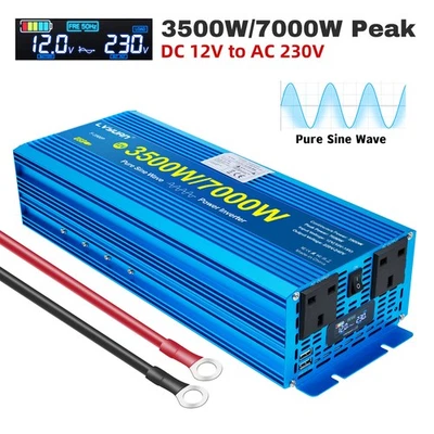 LVYUAN 3500W 7000W Pure Sine Wave Power Inverter 12V to 240V Converter W/ 2AC 2USB LCD