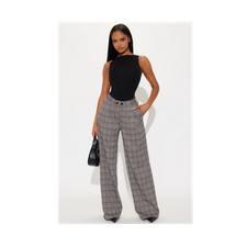 Fashion Nova Plaid Wide-Leg Flat Front Button Accents Black White Pants Women