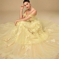 Customized Elegant Evening Dresses Yellow Off Shoulder Lace Party Prom Dresses