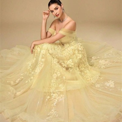 Customized Elegant Evening Dresses Yellow Off Shoulder Lace Party Prom Dresses