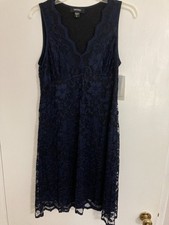Karen Kane Women's Lace Trim Sleeveless Sheath Dress Navy Blue Lined Sz M - NEW