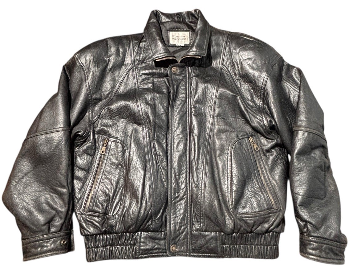 Vintage Leather Warehouse Bomber Jacket Men’s Large Black Pebbled Lined 90s 80s