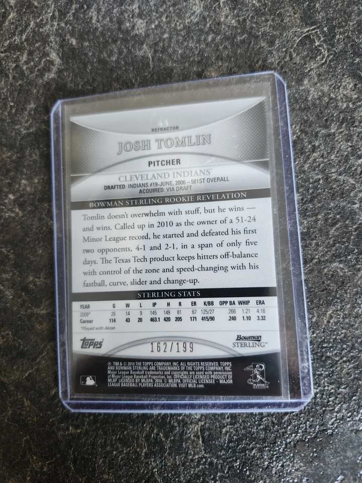 2010 Topps Bowman Sterling Rookie Auto 162/199 Josh Tomlin Card# 43 - Image 2 of 2