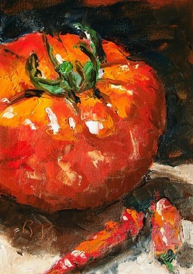 Big red heirloom Tomato 8x12'' oil painting with red chili peppers handmade art