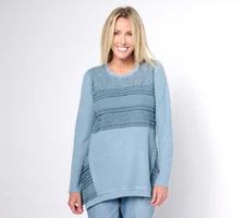 LOGO by Lori Goldstein Women's Top Sz S Scoop Neck Mixed Lace Blue A630182