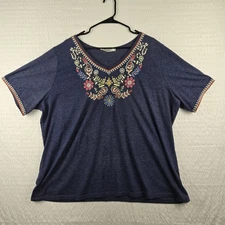 Solitaire Womens Blue Floral Embroidered Short Sleeve V-neck Shirt Size 3X Plus