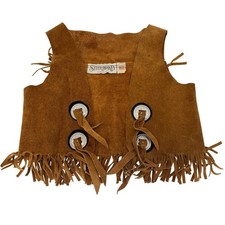 Vintage Steer Brand Suede Leather Fringe Western Cowboy Vest Concho USA Made L