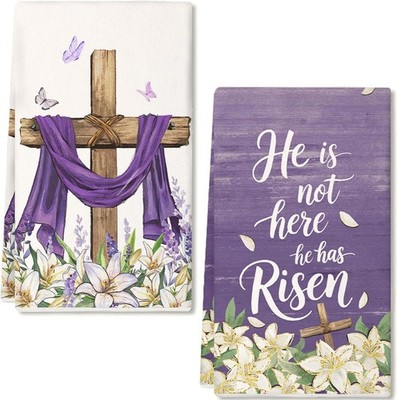 GEEORY Easter Kitchen Towels Set of 2,18x26 Inch Cross Dish Cloths -Purple Lily