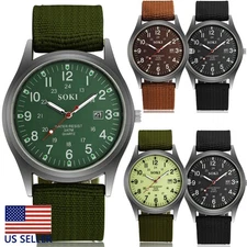 2x Men's Army Luminous 24-Hour Dial Nylon Strap Date Quartz Watch green and bule