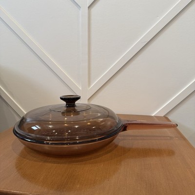 Corning Ware Visions Amber Waffle Bottom Fry Pan Skillet 10.5  with Pyrex Lid