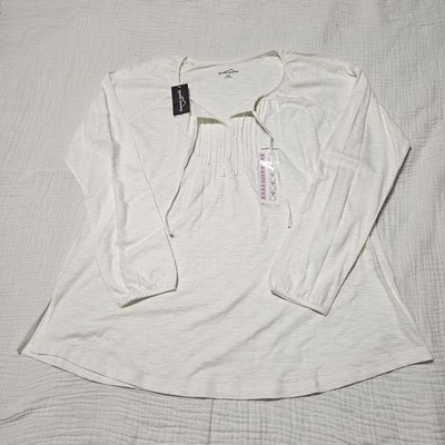 Women's XXL White Cotton Slub Pintuck Tie-Front Peasant Blouse Size Eddie Bauer 