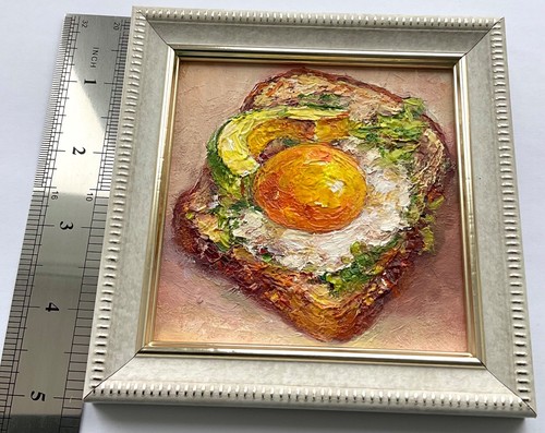 Original Oil Painting Breakfast Sandwich Egg Food art 4x4inch - Picture 6 of 16