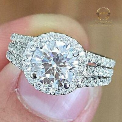 3.00 Ct Round Cut Moissanite Halo Engagement Wedding Ring Solid 14K White Gold