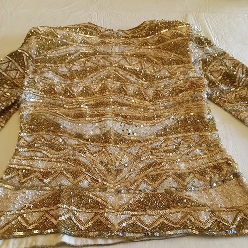 Vintage Black Tie Top Gold Beaded Sequin Dance Party Festival Shirt Silk M He-ro - Picture 17 of 24