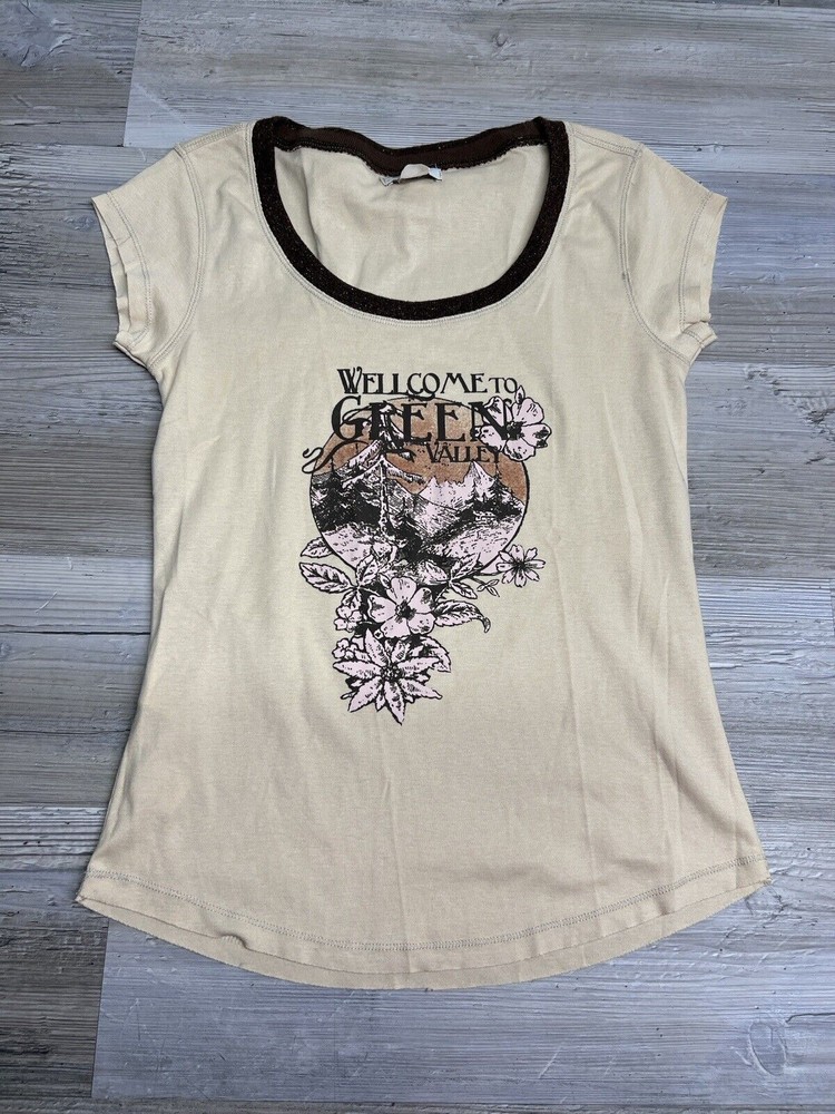Zara TRF Womens Green Valley Floral Graphic Tee Size M Beige  