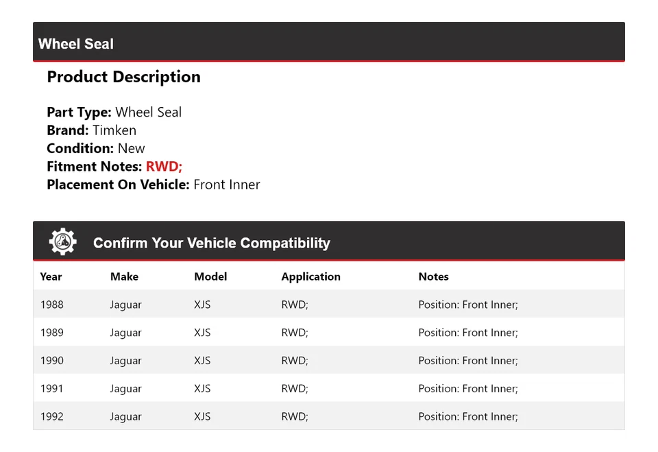 For 1988-1992 Jaguar XJS RWD Wheel Seal Front Inner Timken 1989 1990 1991 - Image 2 of 4