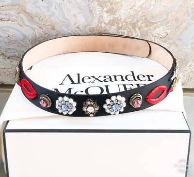Alexander McQueen Black Crystal Embellished Lips Satin Waist Belt