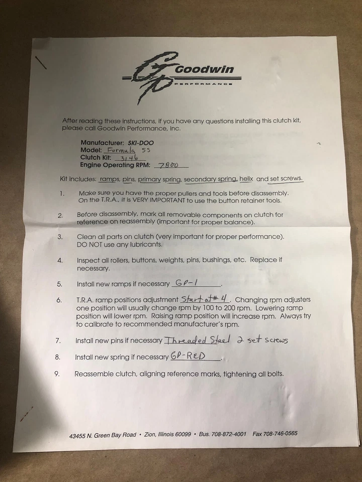 1995 - 1996 Ski-Doo Formula SS 原始设备制造商 Goodwin Performance 离合器套件 95 96 CK3146 — 第 3/4 张图片