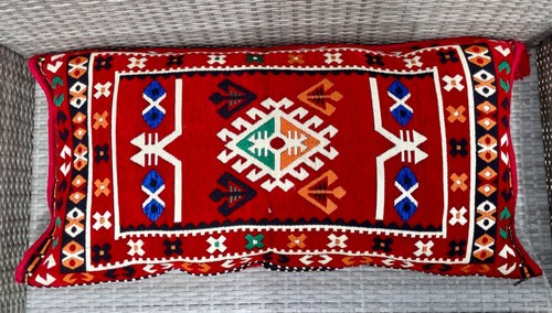Big Cushion Cover, 50cm x 90cm, Bold Kilim Motifs, Red Colour Backrest Cushion - 第 13/14 張圖片