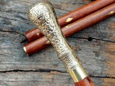 Vintage Designer Brass Round Long Knob Head Handle Wooden Walking Stick Cane New