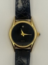 Women's Quartz Analog Dress Wristwatch Black Dial Gold Tone Case Leather Strap