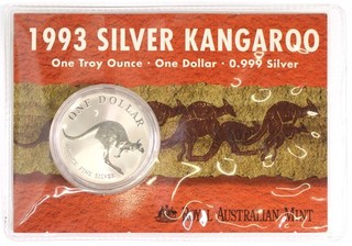 1993 RAM $1 Australian Silver Kangaroo 1oz Fine Silver Coin Carded