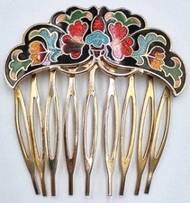 VTG Cloisonne Enamel Inlay Goldtone Floral Multicolor/Black Elegant Hair Comb 2"