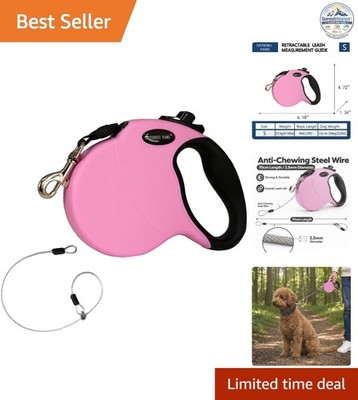 13FT Retractable Dog Leash Small Dogs 22lbs Chew Proof Steel Wire Pink