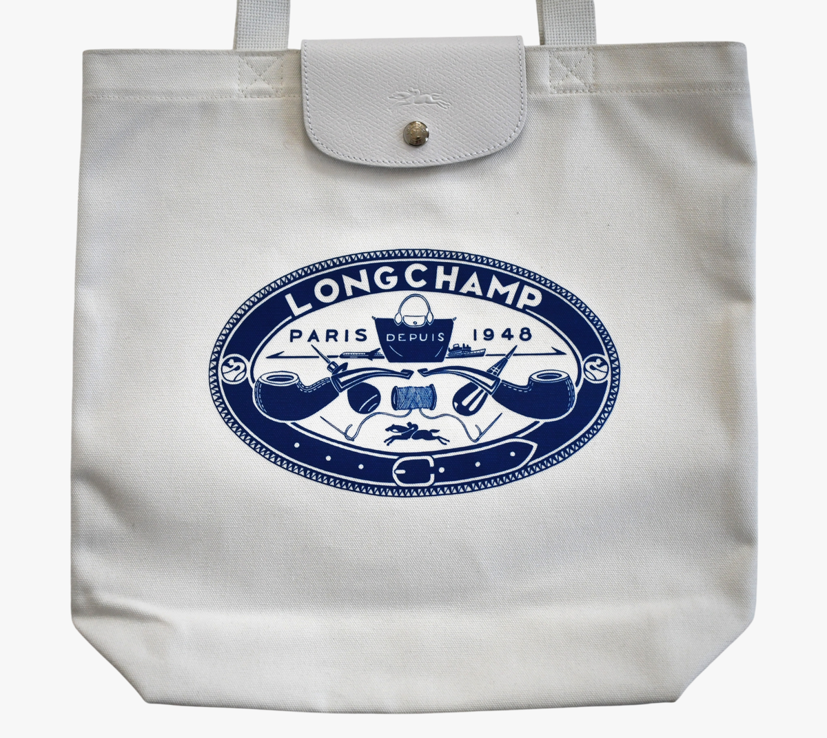LONGCHAMP トートバッグ 2WAYホワイト人気品　ロゴ入り New LONGCHAMP x CONSTANTIN RIANT Le Pliage White Cotton Canvas