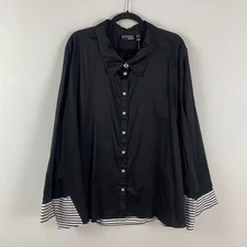Attitudes by Renee Button Down Shirt with Stripe Detail Black Size 3X A640667