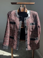 NWT Chico s Tweed Jacket Denim Trim Red Black Textured Blazer Size 2 M-L