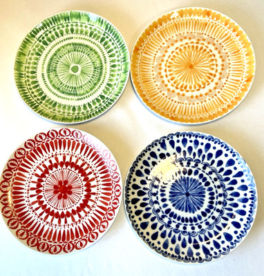 ANTHROPOLOGIE MANDALA PATTERN RETRO PLATE RED, GREEN, BLUE, YELLOW (SET OF 4)