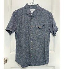 Old Navy Slim Fit Short Sleeve Linen Blend Button Up Shirt Men Medium Blue Check