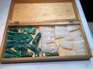 Vintage 70’s Mexican Aztec Mayan White Green Onyx Hand Carved Chess set W/ Case