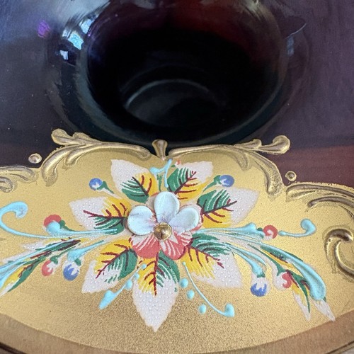 Vintage lila Glaskorb mit Goldrand und handbemalten Blumen - Bild 5 von 6