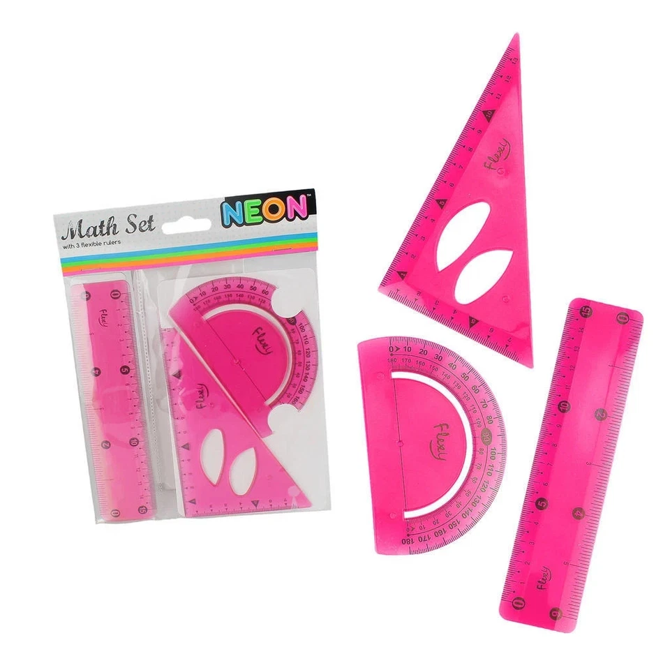 Neon Maths Set – Flexible Ruler, Protractor & Square 3PC Bright Colours for Scho - Image 2 of 4