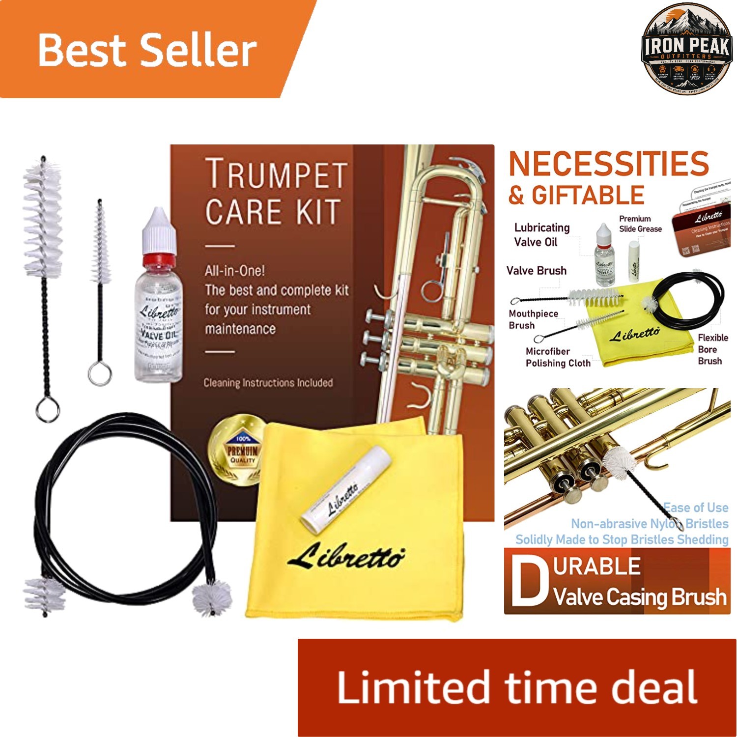 Trumpet Care Kit Items Valve Oil Slide Grease Brushes Cleaning Cloth