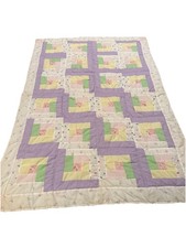 Vintage Pastel Log Cabin Style Crib Quilt. Handmade 34x47 Hand Stitched Quilted