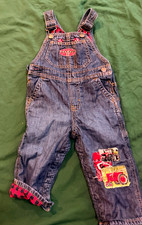 OshKosh B'gosh 18-24M Denim Bib Overalls Plaid Lined Tractor Patch Pockets