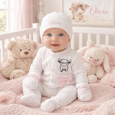 Baby Girl sleepsuit Hat Mitts Set Highland Cow newborn personalised Gift Bows