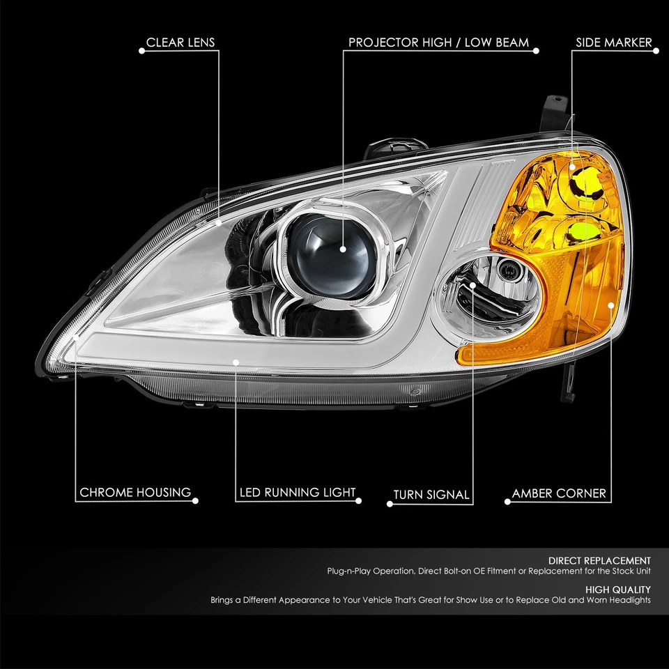 [LED DRL] Para 01-03 Honda Civic Sedán/Coupe Proyector Faros Lámparas Cromo Foto 2 de 4