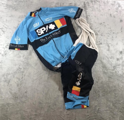 Stage One Cycling Jersey Bib Shorts Mens Large Blue Padded SPY Lost Abbey Bike