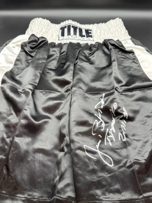 James Buster Douglas Signed and Inscribed Title Black and White Boxing Trunks