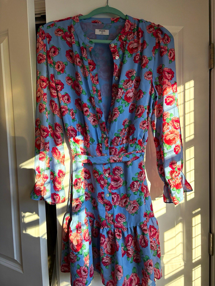 UNTUCKit April Floral A-Line Midi Dress Long Sleeve Button Ruffle Sz 8