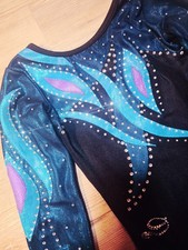 Girls Gymnastics Competition Leotard Blk/Blue With Rhinestones Size 8-10