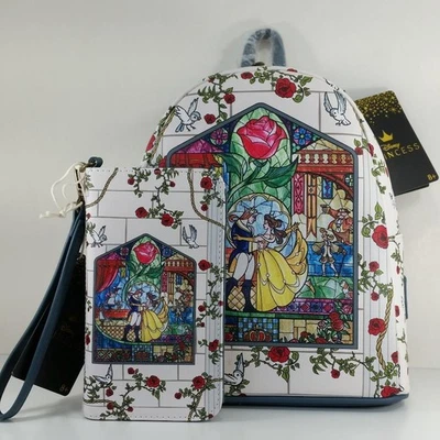 Loungefly Disney Beauty And The Beast Rose Stained Glass Mini Backpack & Wallet