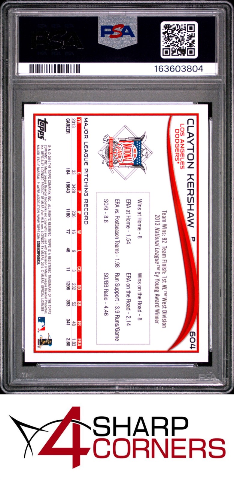 2014 TOPPS #604 CLAYTON KERSHAW DODGERS PSA 10 view 2