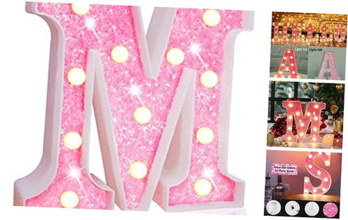 LED Marquee Letter Lights, Light Up Pink Letters Glitter Alphabet Letter M