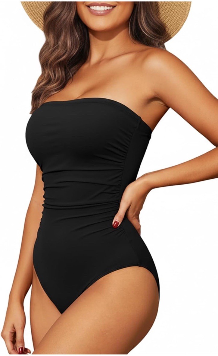 Holipick Black Women's Strapless Halter Tummy Control Bandeau Swimsuits, Large
