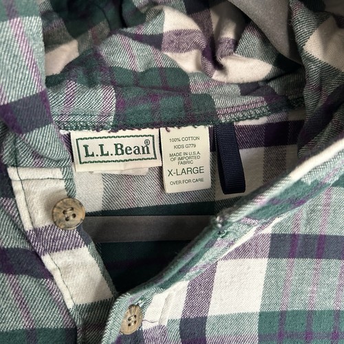 LL Bean Henley Flannel Hoodie Kids Size X-Large Scotch Plaid Vintage USA - Picture 5 of 6